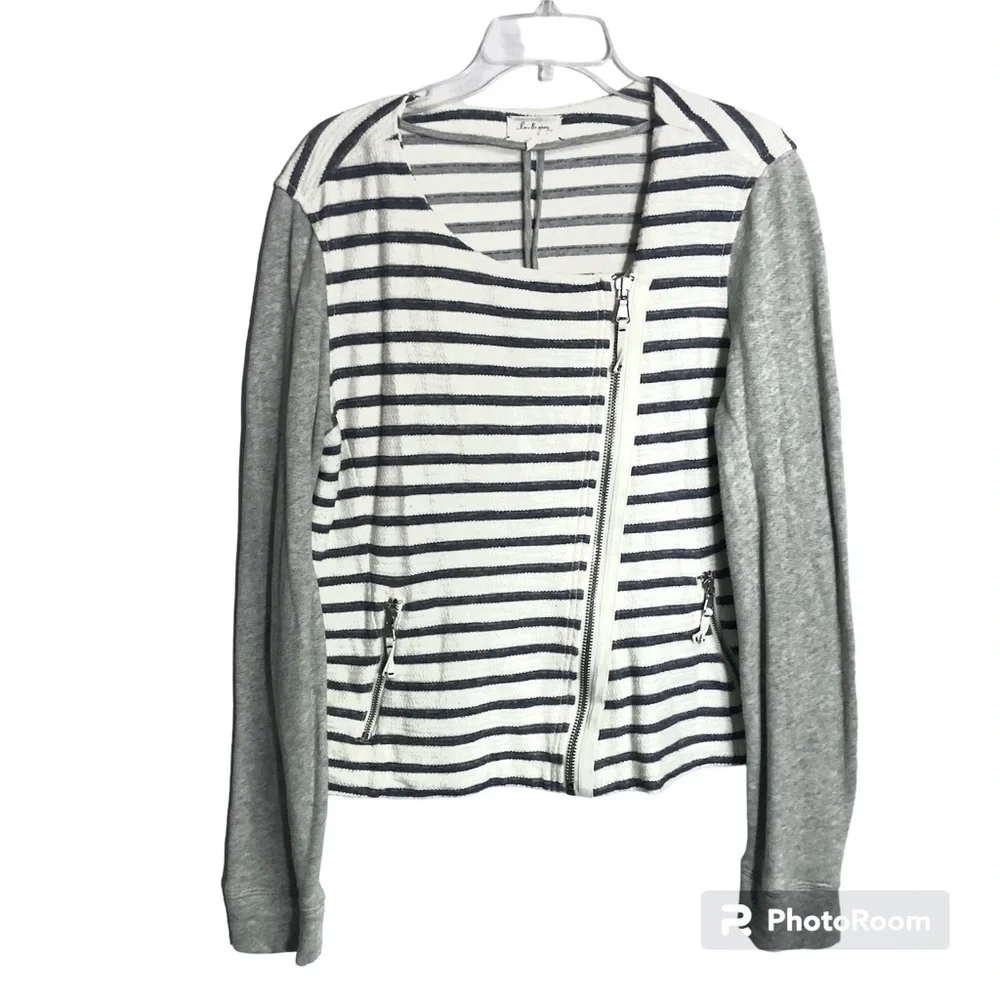 LOU & GREY Anthropologie Moto Jacket Grey & White Stripes Assymetrical Zip sz L - Picture 2 of 13